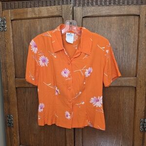 #031 VINTAGE | Aria Orange & Pink Flower Buttonup Tee Shirt - Size Small 19 22